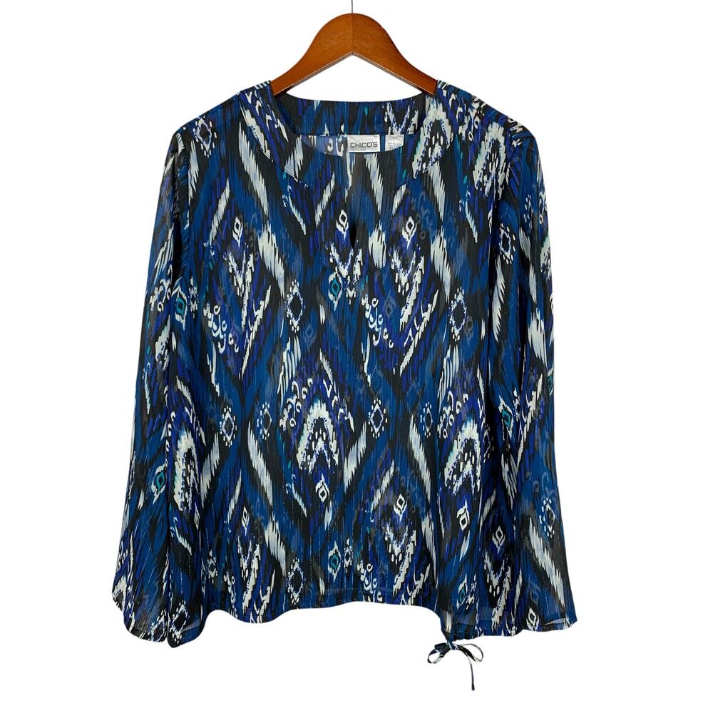 Chicos Blouse Blue Ikat Print Semi Sheer Long Sleeve Popover Top Women's 2 L 12
